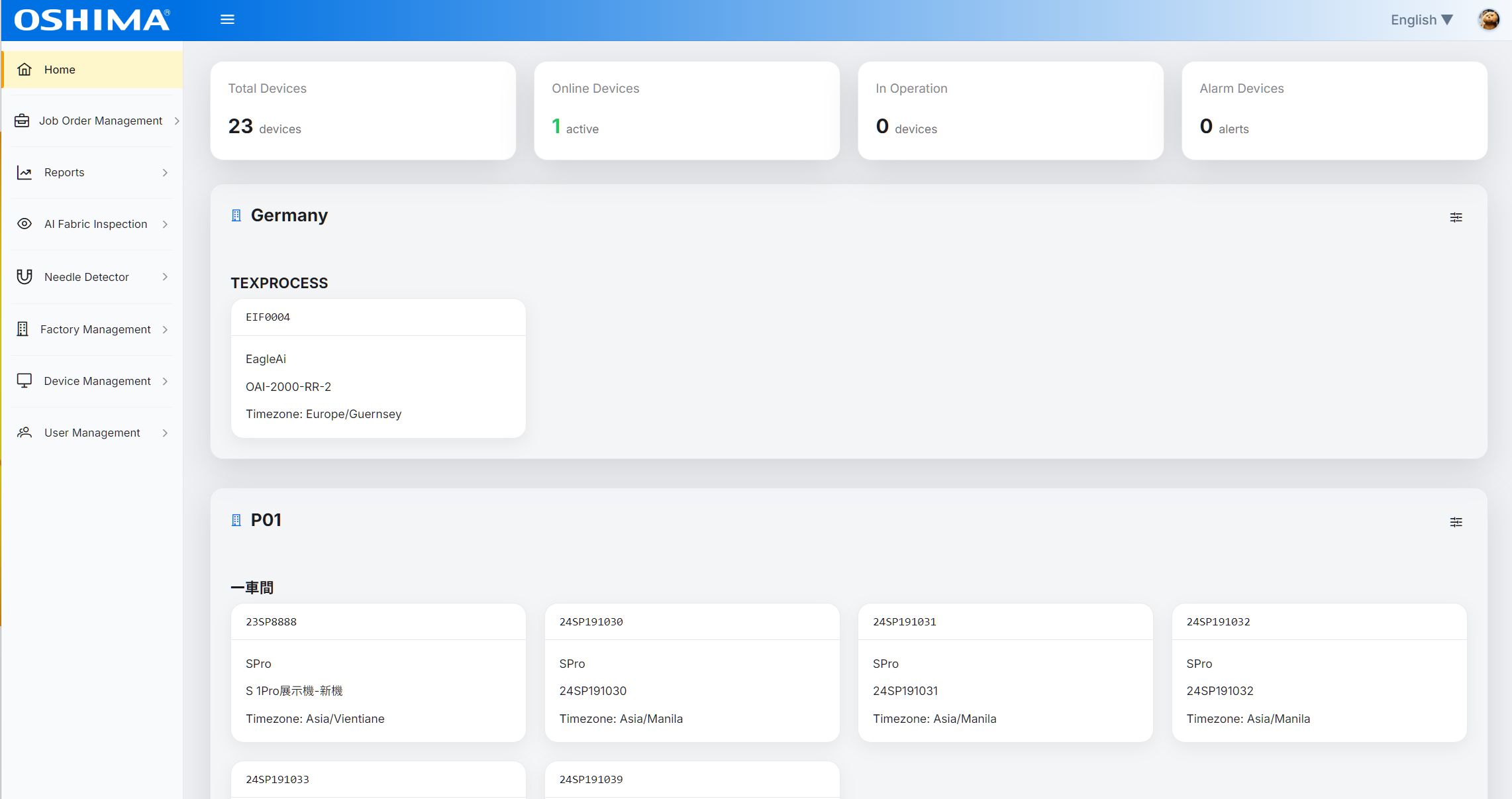 OSHIMA Dashboard interface for machine data monitoring
